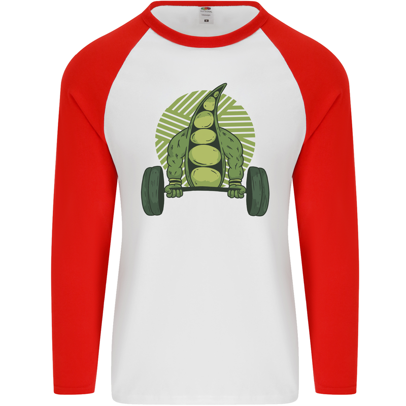 Gym Bean Bodybuilding Gym Training Mens L/S Baseball T-Shirt White/Red