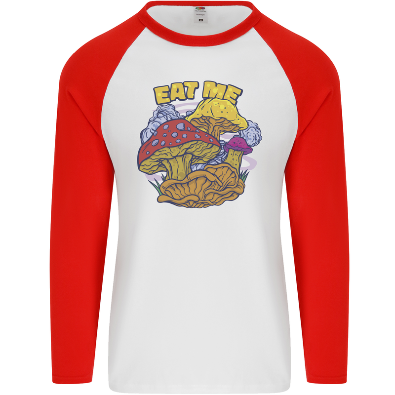 Eat Me Mushroom Fungi Mycology Mens L/S Baseball T-Shirt White/Red