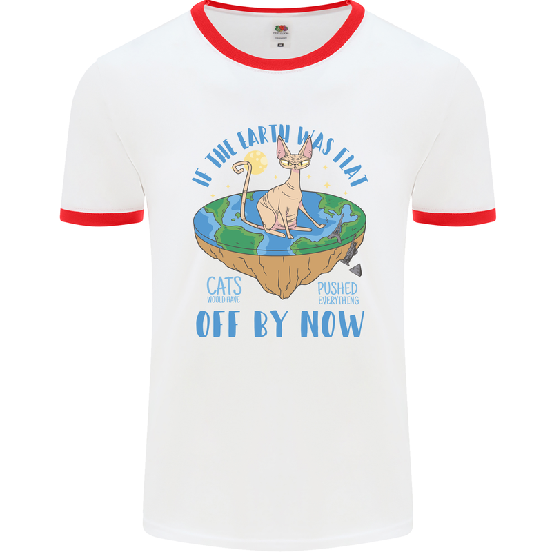 If the Earth Was Flat Funny Cats Society Mens Ringer T-Shirt White/Red