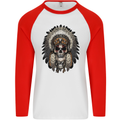 Native American Indian Skull Headdress Mens L/S Baseball T-Shirt White/Red