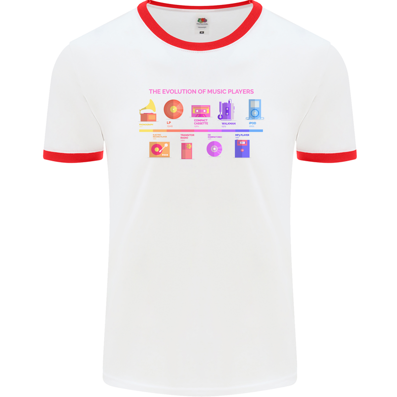 Evoloution Of Music Players Vinyl CD MP3 Mens Ringer T-Shirt White/Red