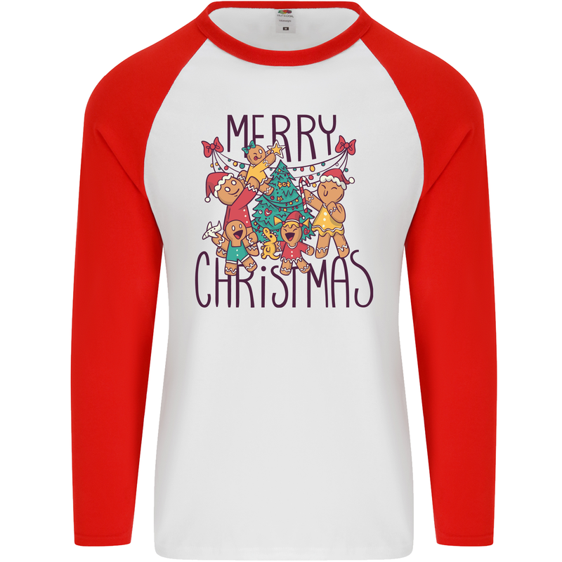 Gingerbread Man Merry Christmas Mens L/S Baseball T-Shirt White/Red