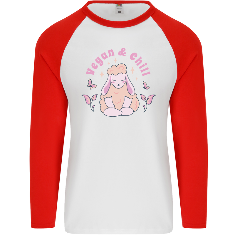 Vegan & Chill Meditation Yoga Spiritual Mens L/S Baseball T-Shirt White/Red