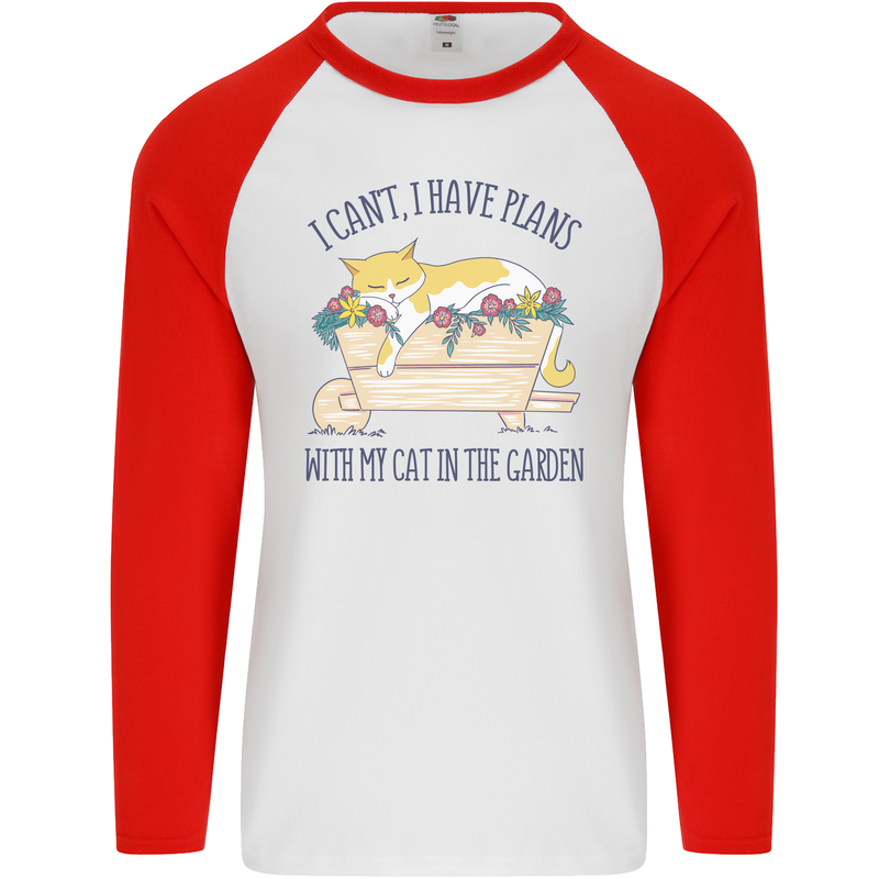 Plans With My Cat in the Garden Gardener Mens L/S Baseball T-Shirt White/Red