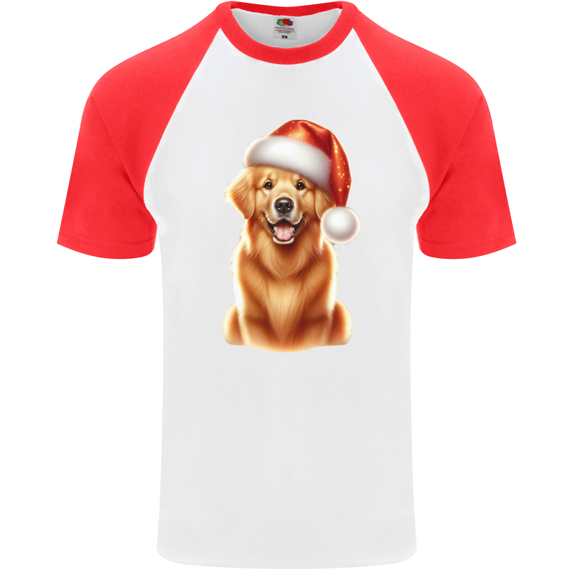 Christmas Golden Retriever Dog Xmas Hat Mens S/S Baseball T-Shirt White/Red