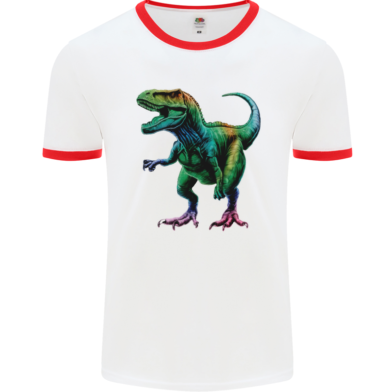 Colourful T-Rex Dinosaur Mens Ringer T-Shirt White/Red