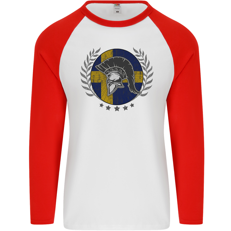 Sweden Bodybuilding Flag Gym Training Swedish Mens L/S Baseball T-Shirt White/Red