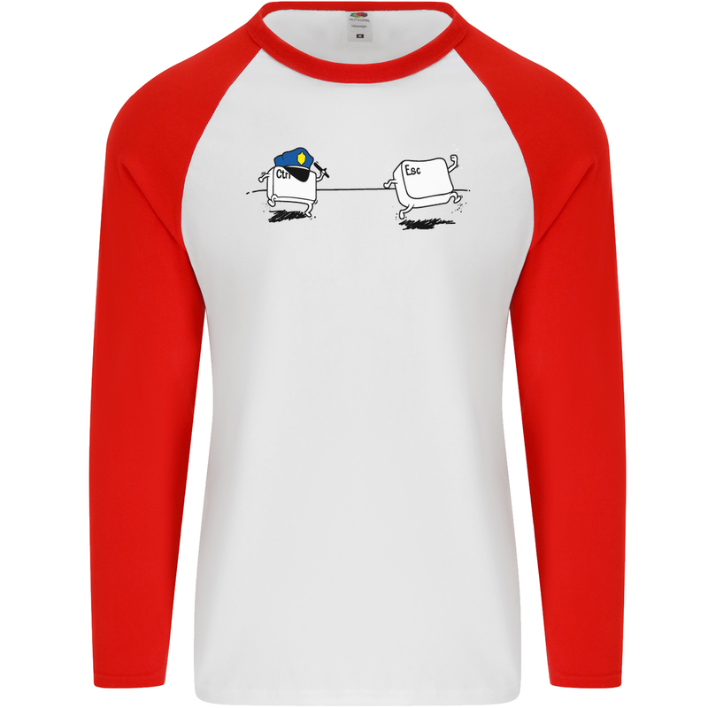 Ctrl Esc Funny Keyboard Police Gaming Gamer Mens L/S Baseball T-Shirt White/Red