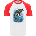 Jumping Pike Fish Fishing Fisherman Mens S/S Baseball T-Shirt White/Red