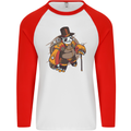 Steampunk Panda Bear Mens L/S Baseball T-Shirt White/Red