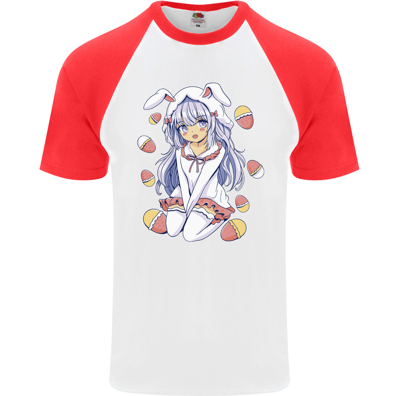 Easter Anime Girl With Eggs and Bunny Ears Mens S/S Baseball T-Shirt White/Red