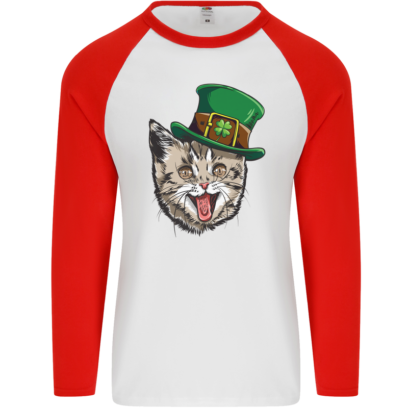 St Patricks Day Cat Funny Irish Mens L/S Baseball T-Shirt White/Red