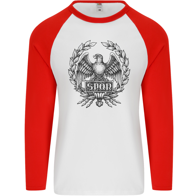 SPQR Roman Emblem Gym Training Top Mens L/S Baseball T-Shirt White/Red