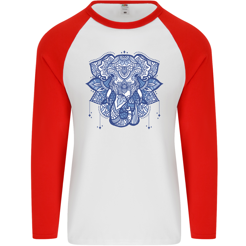 Elephant Mandala Art Mens L/S Baseball T-Shirt White/Red