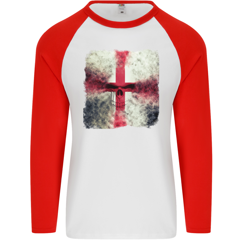 Dissolving England Flag St. George's Skull Mens L/S Baseball T-Shirt White/Red