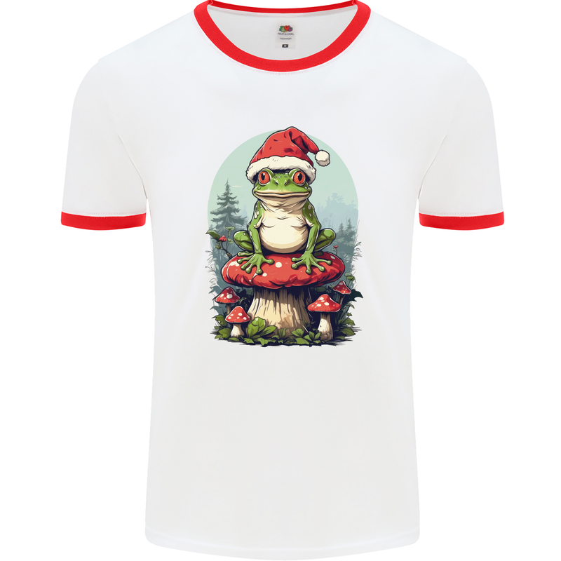 Christmas Frog Toadstool Xmas Mycology Foraging Mens Ringer T-Shirt White/Red