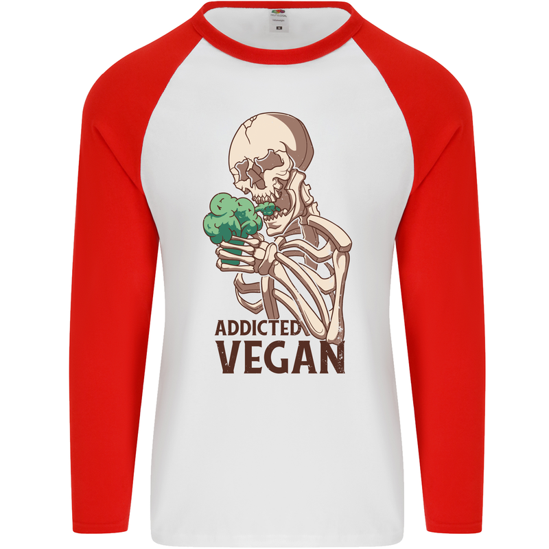 Addicted Vegan Skeleton Eating Vegetables Mens L/S Baseball T-Shirt White/Red