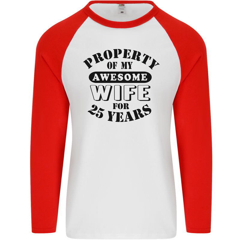 25th Wedding Anniversary 25 Year Funny Wife Mens L/S Baseball T-Shirt White/Red