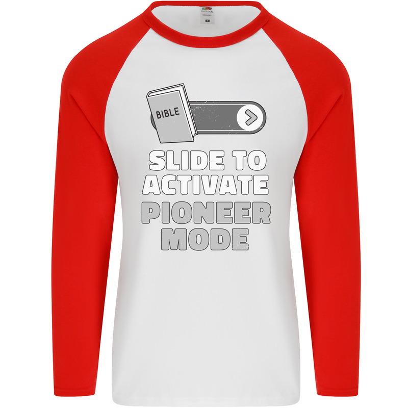 Christian Pioneer Mode Funny Christianity Mens L/S Baseball T-Shirt White/Red