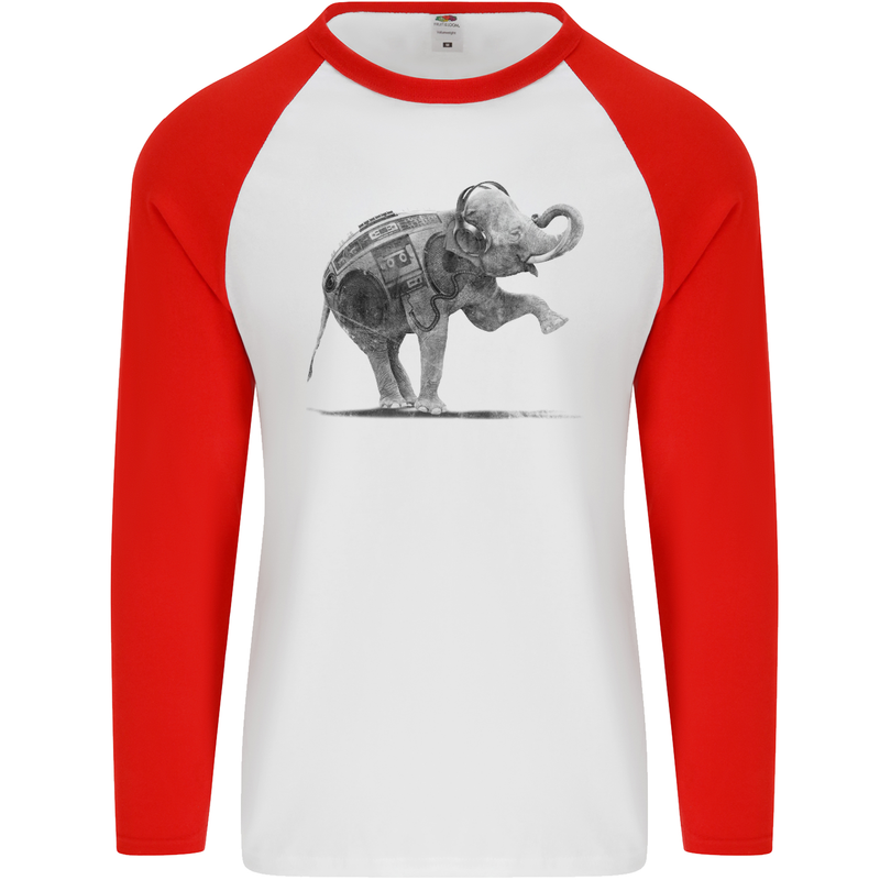 Dancing Musical Elephant Ghetto Blaster Mens L/S Baseball T-Shirt White/Red