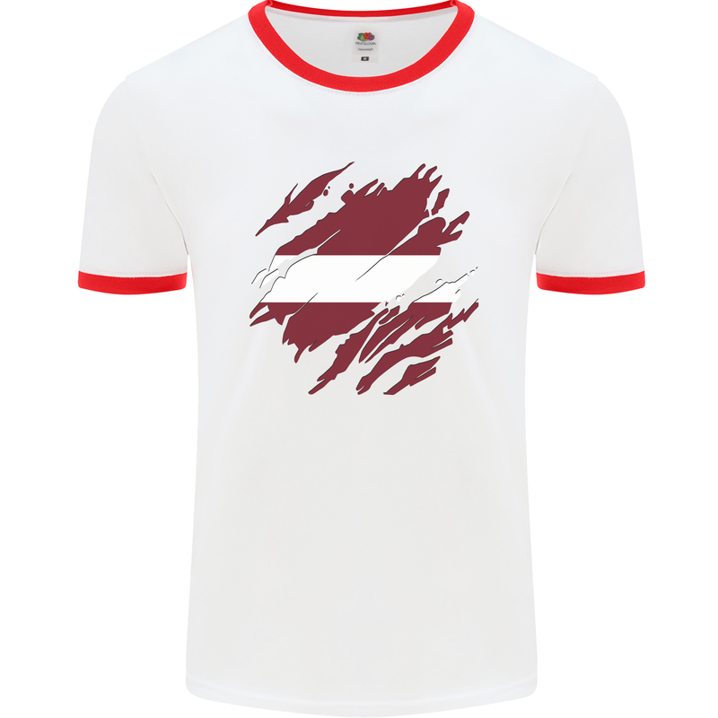 Torn Latvia Flag Latvian Day Football Mens Ringer T-Shirt White/Red