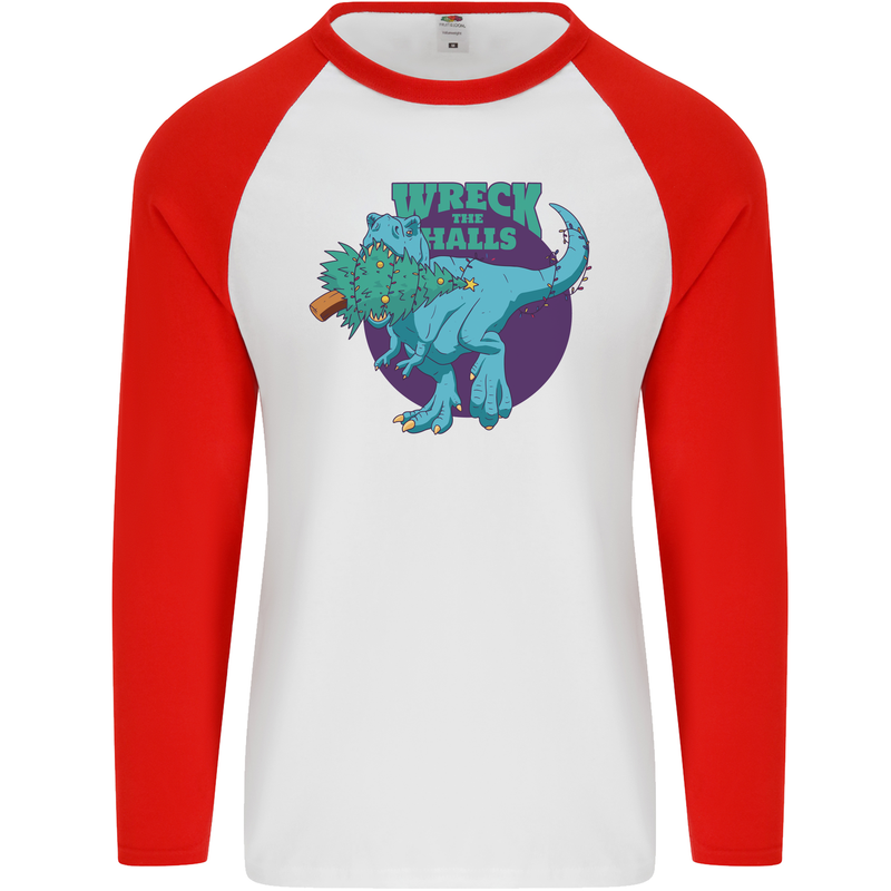 T-Rex Ruining Christmas Wreck the Halls Mens L/S Baseball T-Shirt White/Red