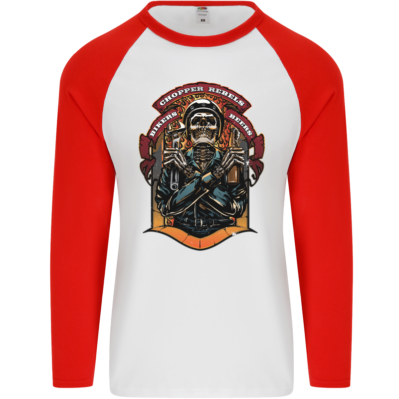 Motorbike Chopper Rebels Bikers Beers Mens L/S Baseball T-Shirt White/Red