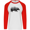 A Hedgehog Depicting a Forest Mens L/S Baseball T-Shirt White/Red