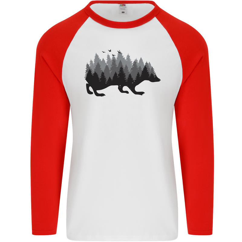 A Hedgehog Depicting a Forest Mens L/S Baseball T-Shirt White/Red