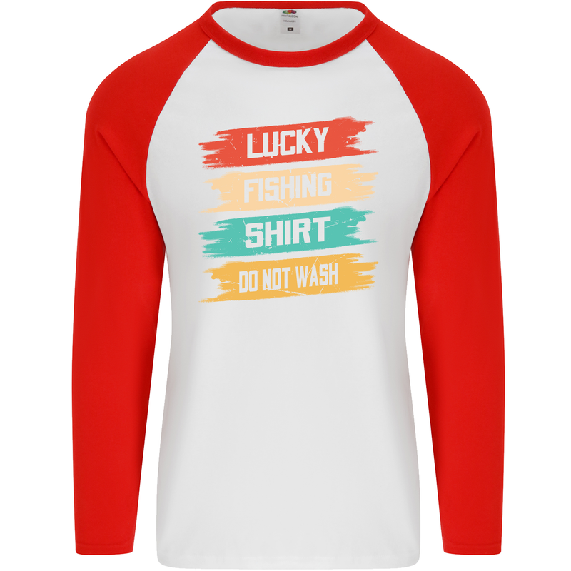 Lucky Fishing Shirt Fisherman Funny Mens L/S Baseball T-Shirt White/Red