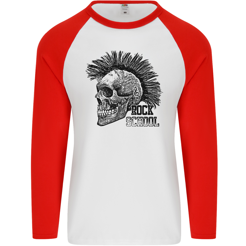 Rock n Roll Music School Skull Guitar Mens L/S Baseball T-Shirt White/Red