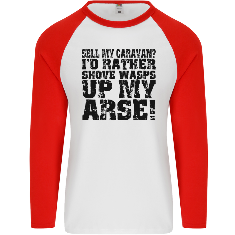 Sell My Caravan? Caravanning Funny Holiday Mens L/S Baseball T-Shirt White/Red