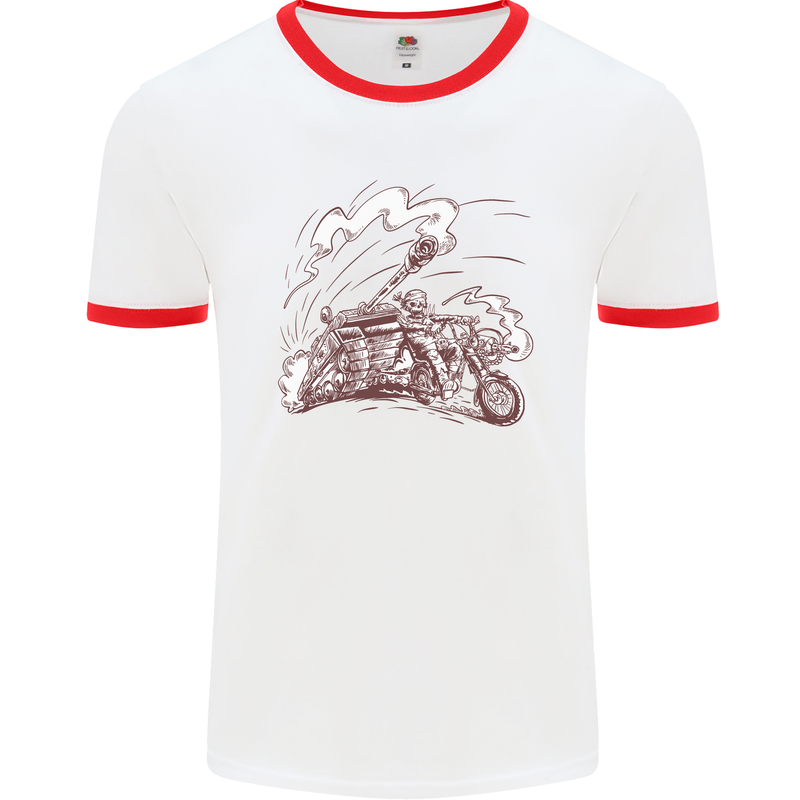 An Army Biker With Tank Skull Motorcycle Mens Ringer T-Shirt White/Red