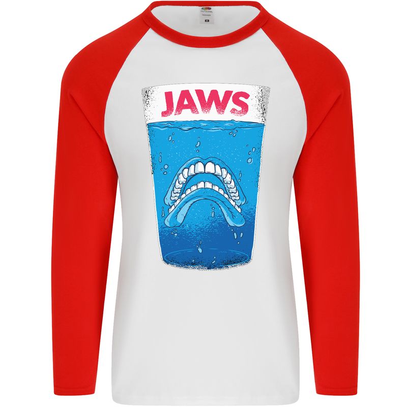 Jaws Funny Parody Dentures Skull Teeth Mens L/S Baseball T-Shirt White/Red