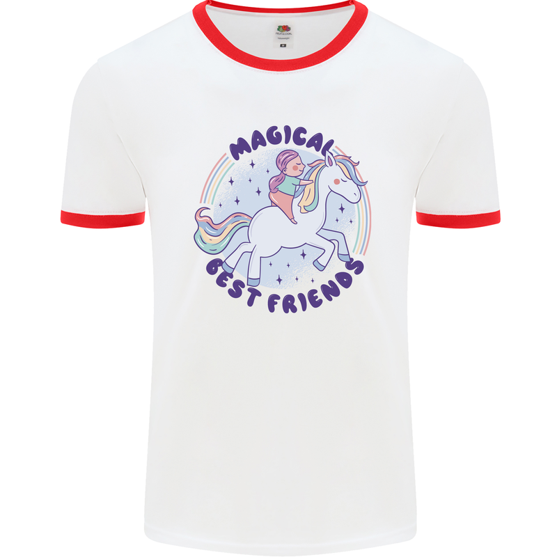 Magical Friends a Girl Riding a Unicorn Mens Ringer T-Shirt White/Red