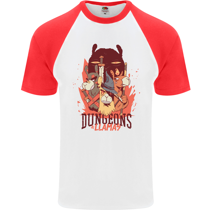 Dungeons & Llamas Role Play Games RPG Mens S/S Baseball T-Shirt White/Red