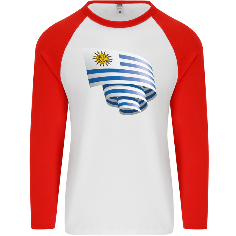 Curled Uruguay Flag Uruguayan Day Football Mens L/S Baseball T-Shirt White/Red