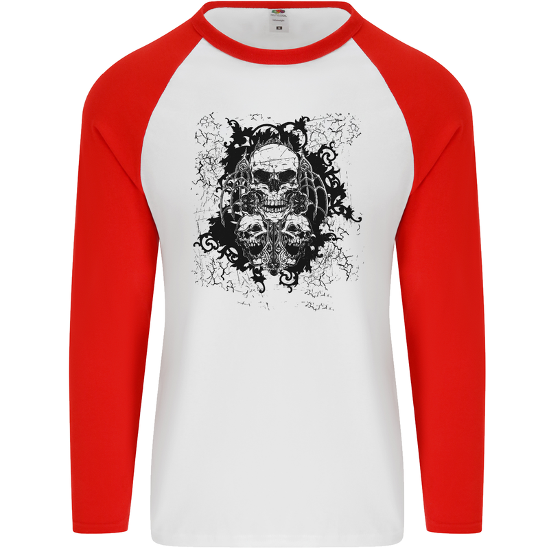 Three Skulls Demon Biker Gothic Tattoo Mens L/S Baseball T-Shirt White/Red