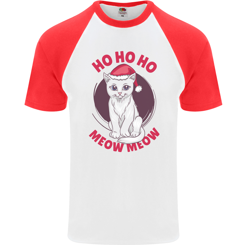 HO HO HO Funny Christmas Cat Xmas Meow Mens S/S Baseball T-Shirt White/Red