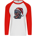 American Christmas Skull Xmas USA Flag Biker Mens L/S Baseball T-Shirt White/Red