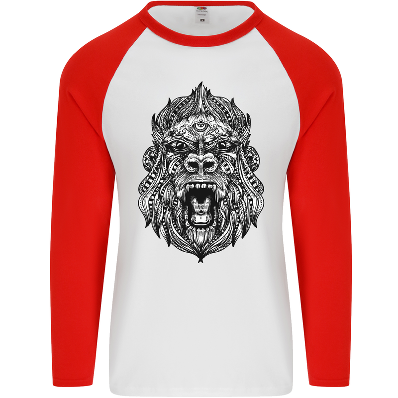 Ape Mandala Art Mens L/S Baseball T-Shirt White/Red
