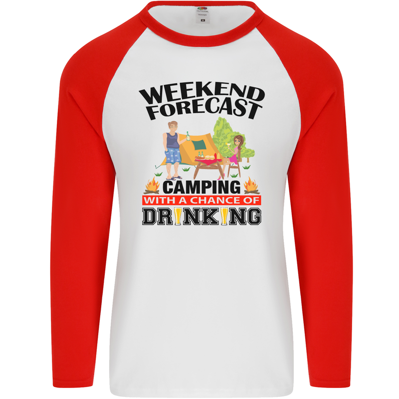 Camping Weekend Forecast Funny Alcohol Beer Mens L/S Baseball T-Shirt White/Red