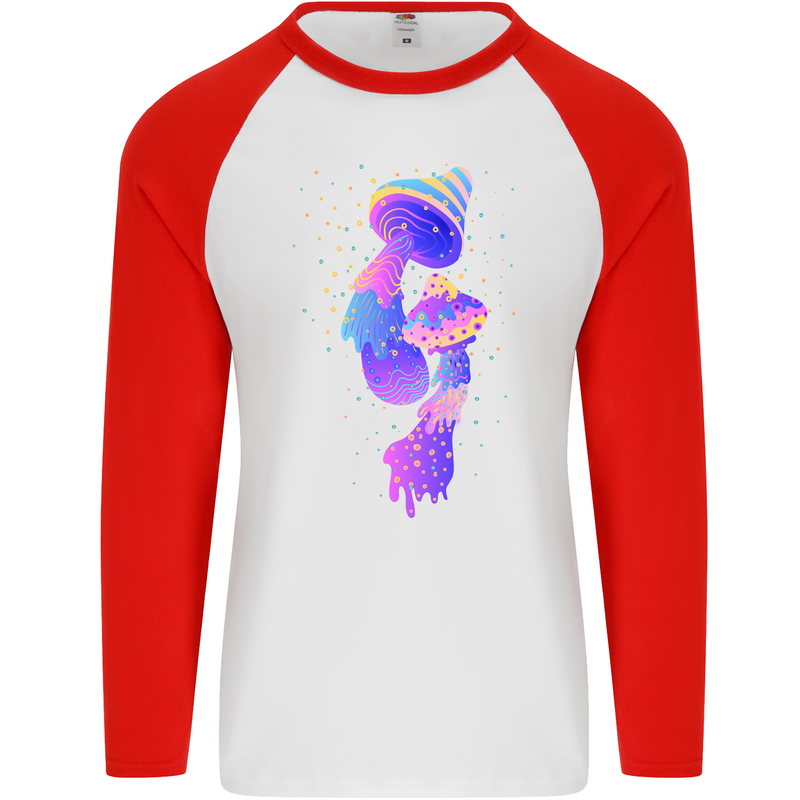 Psychedelic Magic Mushrooms LSD Mens L/S Baseball T-Shirt White/Red