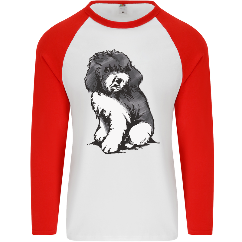 Harlequin Poodle Sketch Mens L/S Baseball T-Shirt White/Red