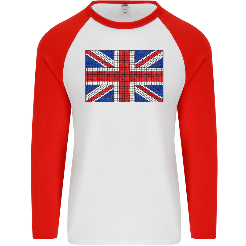 Mosaic Union Jack Flag Great Britain UK Mens L/S Baseball T-Shirt White/Red