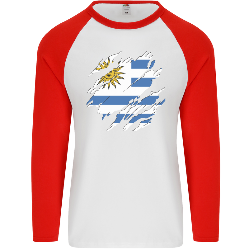 Torn Uruguay Flag Uruguayan Day Football Mens L/S Baseball T-Shirt White/Red