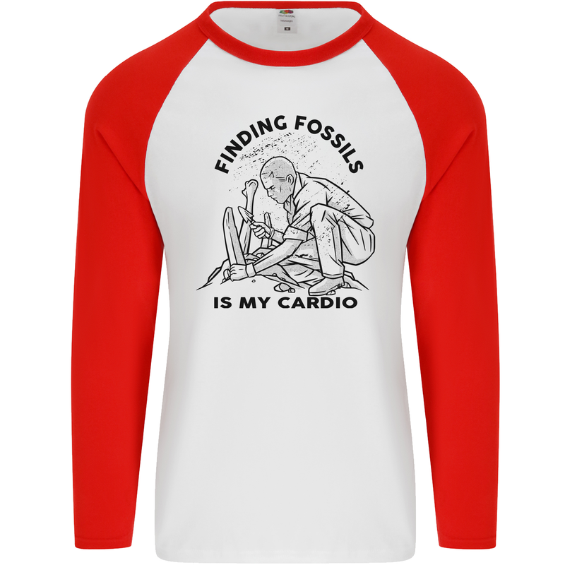 Funny Palaeontology Finding Fossils is My Cardio Mens L/S Baseball T-Shirt White/Red