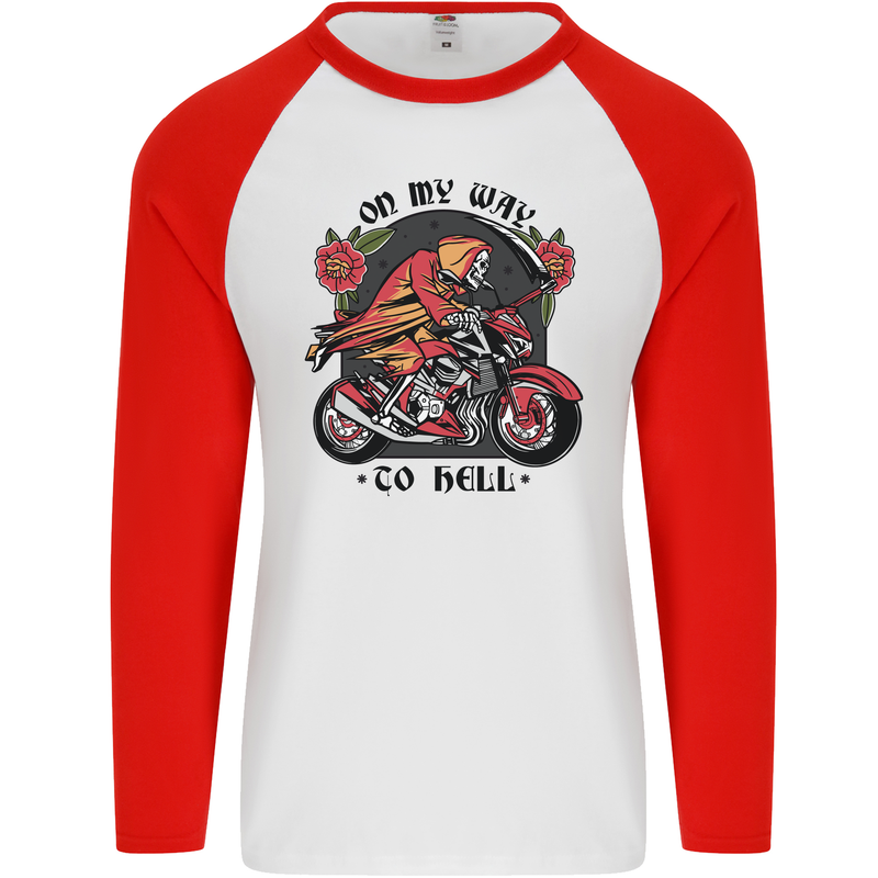 Biker On My Way to Hell Motorbike Skull Mens L/S Baseball T-Shirt White/Red