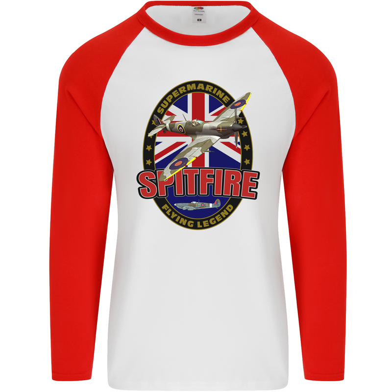 Supermarine Spitfire Flying Legend Mens L/S Baseball T-Shirt White/Red