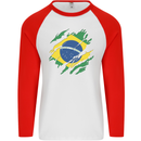 Torn Brazil Flag Brazilian Day Football Mens L/S Baseball T-Shirt White/Red